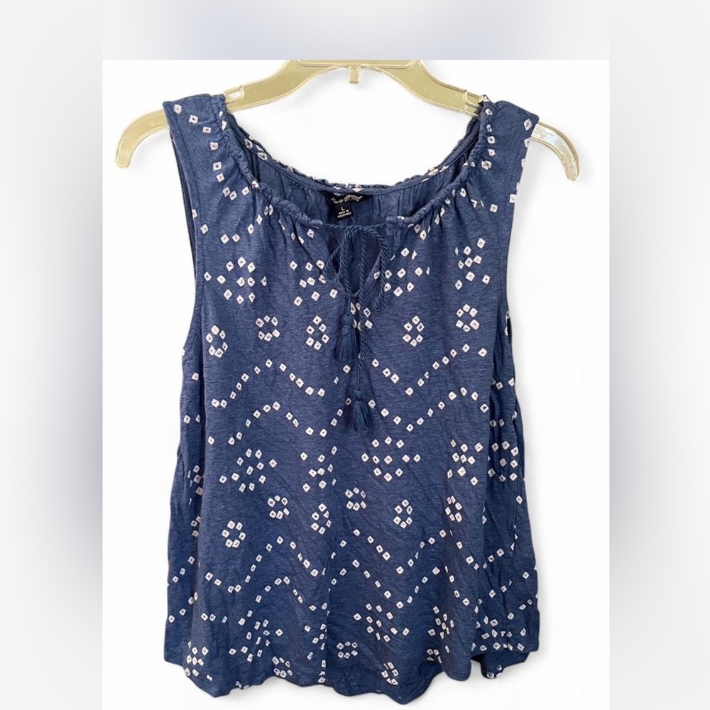 Lucky Brand Blue Geometrical Patterned Linen Blend Sleeveless Tassel Tie-NeckTop